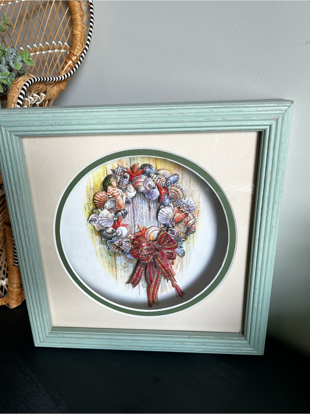 Vintage 3D Art Paper Sculpture Seashell Holiday Wreath with Red Plaid Bow.